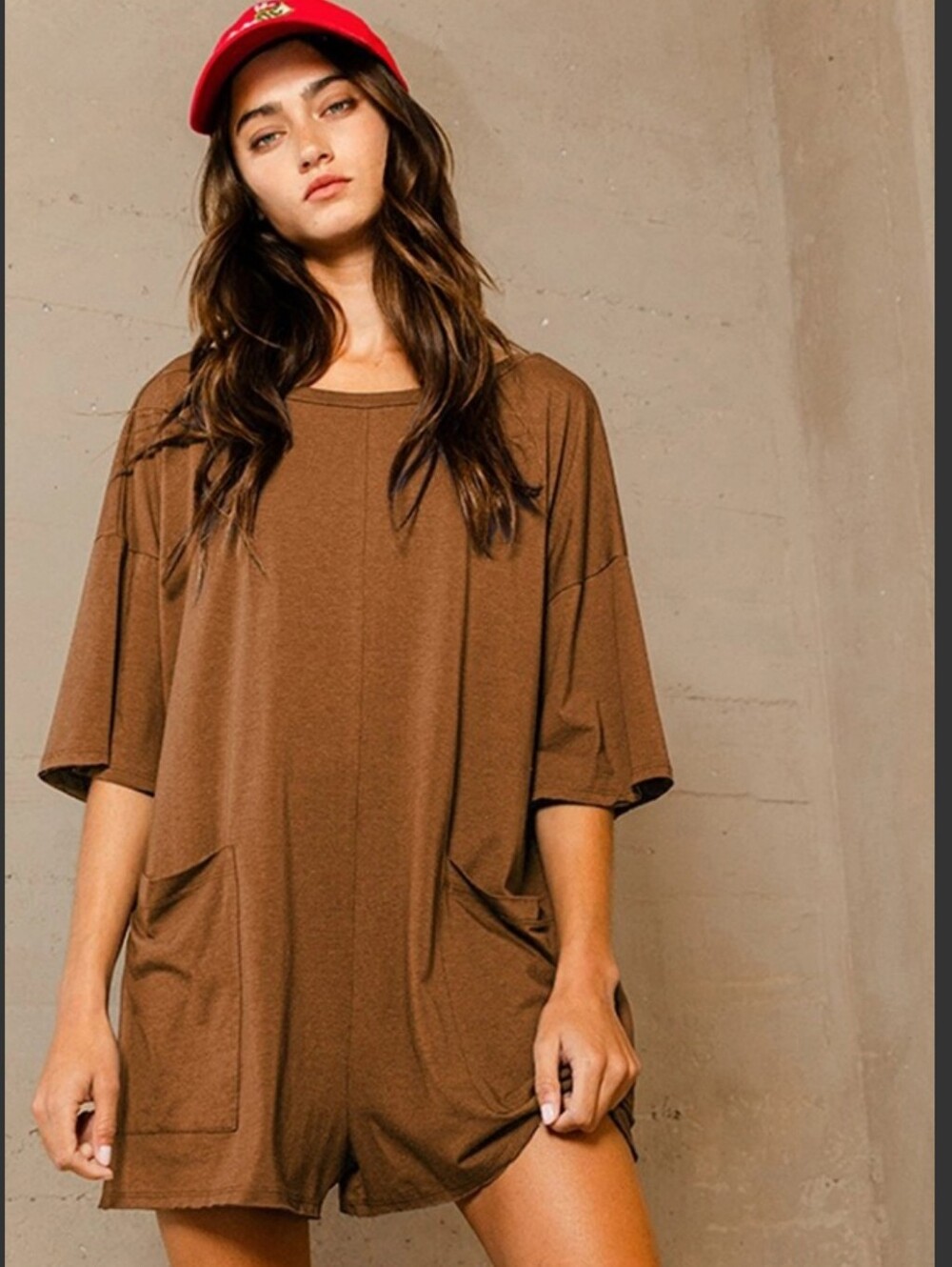 Brown Women's Pocket Relaxed Short-Sleeve Pouch Pocket V Back Romper Onesie Sm